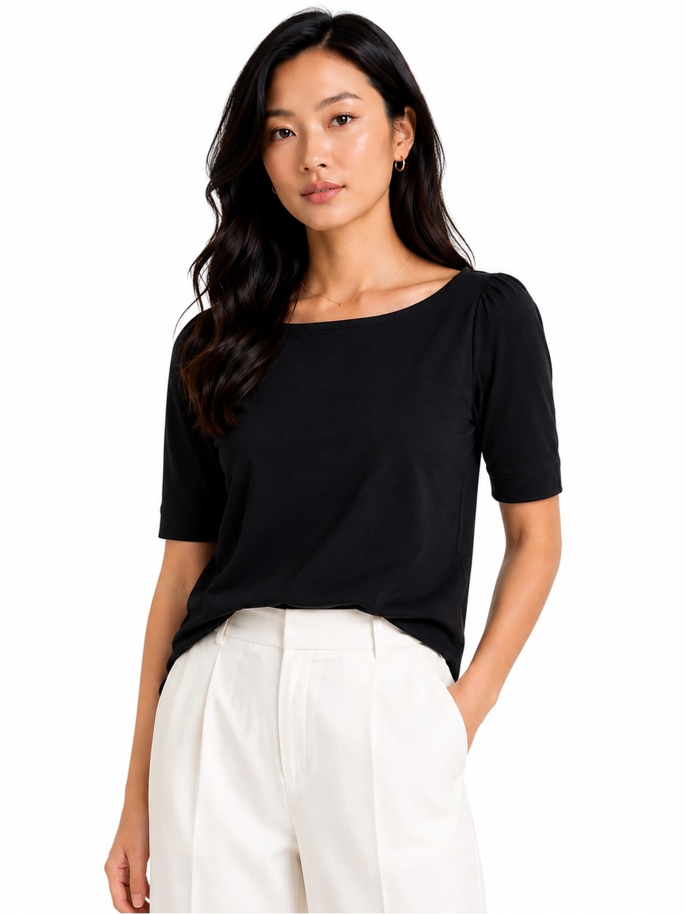 Lauren Ralph Lauren Tee Black Boat Neck Elbow Sleeve Cotton T-Shirt Women's M